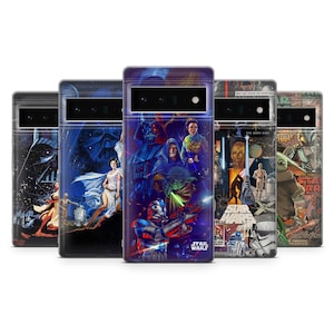 Puede incluir: Cinco fundas para teléfono con diseños de Star Wars. Las fundas muestran personajes como Darth Vader y Yoda, y escenas de las películas. Las fundas tienen un acabado brillante y están diseñadas para un modelo de teléfono específico.