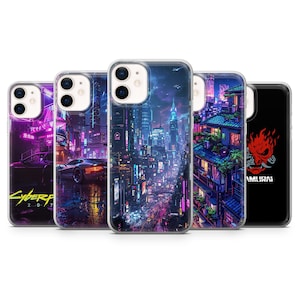 May include: A collection of five phone cases featuring vibrant, futuristic cityscapes. The cases showcase neon lights, sleek vehicles, and the text "Cyberpunk 2077" and "Samurai". The cases are designed to fit a smartphone.