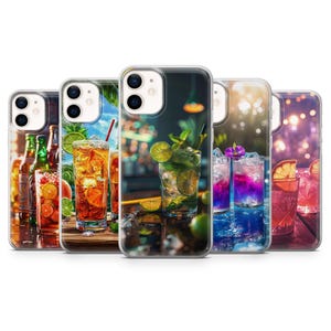 May include: A collection of phone cases featuring vibrant cocktail designs. Each case showcases a different drink, including mojitos, and other mixed drinks, with colorful backgrounds and realistic details. The cases are designed to fit a smartphone.
