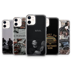 May include: A collection of five phone cases featuring images and text from the television show Supernatural. The cases display various scenes, including the text "bitch.", the phrase "Carry On Wayward Son", and images of the show's characters.
