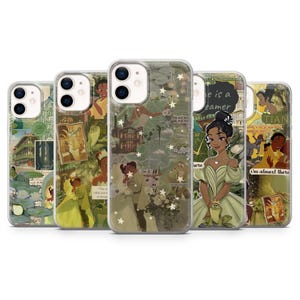 May include: A collection of five clear phone cases featuring collage designs with images of a princess in a green dress, a frog, and other characters. The cases have a variety of green, beige, and brown tones.