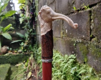 Hand Carved Deer Antler Walking Stick Handle, Mammoth Design