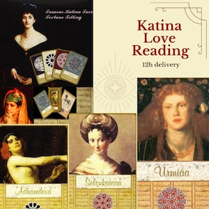 以下が含まれることがあります： ヴィンテージスタイルのタロットカードとポートレートのコラージュ画像。「Famous Katina Tarot Fortune Telling」と「Katina Love Reading」のテキストが表示されています。 全体的な美学はアンティークで神秘的です。