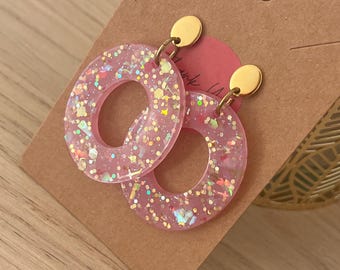 Pale pink glitter ROSA round stud earrings in stainless steel, women's jewelry