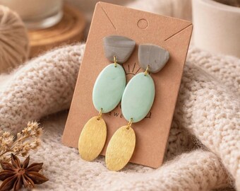 Colorful earrings, women's jewelry, long pastel green and gold earrings, gift for women, stainless steel drop earrings, handmade