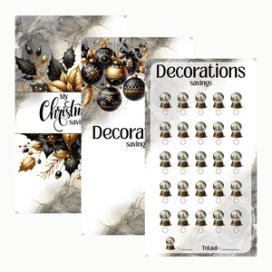 Op de afbeelding: Drie decoratieve kerstspaar trackers met een marmer en goud design. Eén heeft de tekst "My Christmas savings" met bloemaccenten. Een andere toont zwart-gouden ornamenten. De derde heeft sneeuwbollen.