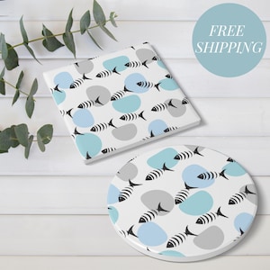 Fish Design Ceramic Coaster Nautical Blue Decor Ocean Table Gift Cute Drink Mat Beach House Accessory Housewarming Present Coastal Style