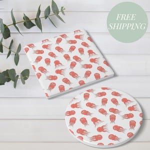 Jellyfish Ceramic Coaster Ocean Drink Mat Coastal Table Decor Beach House Gift Sea Life Accent Summer Host Present Housewarming Idea