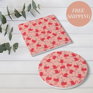Fun Flamingo Coaster Set Tropical Pink Decor Beach Party Gift Summer Drink Mat Housewarming Present Table Accent Home Vibes Accessory