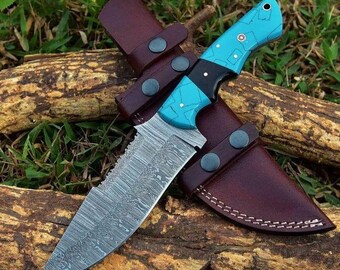 Handmade Damascus Steel Hunting Knife with Leather Sheath