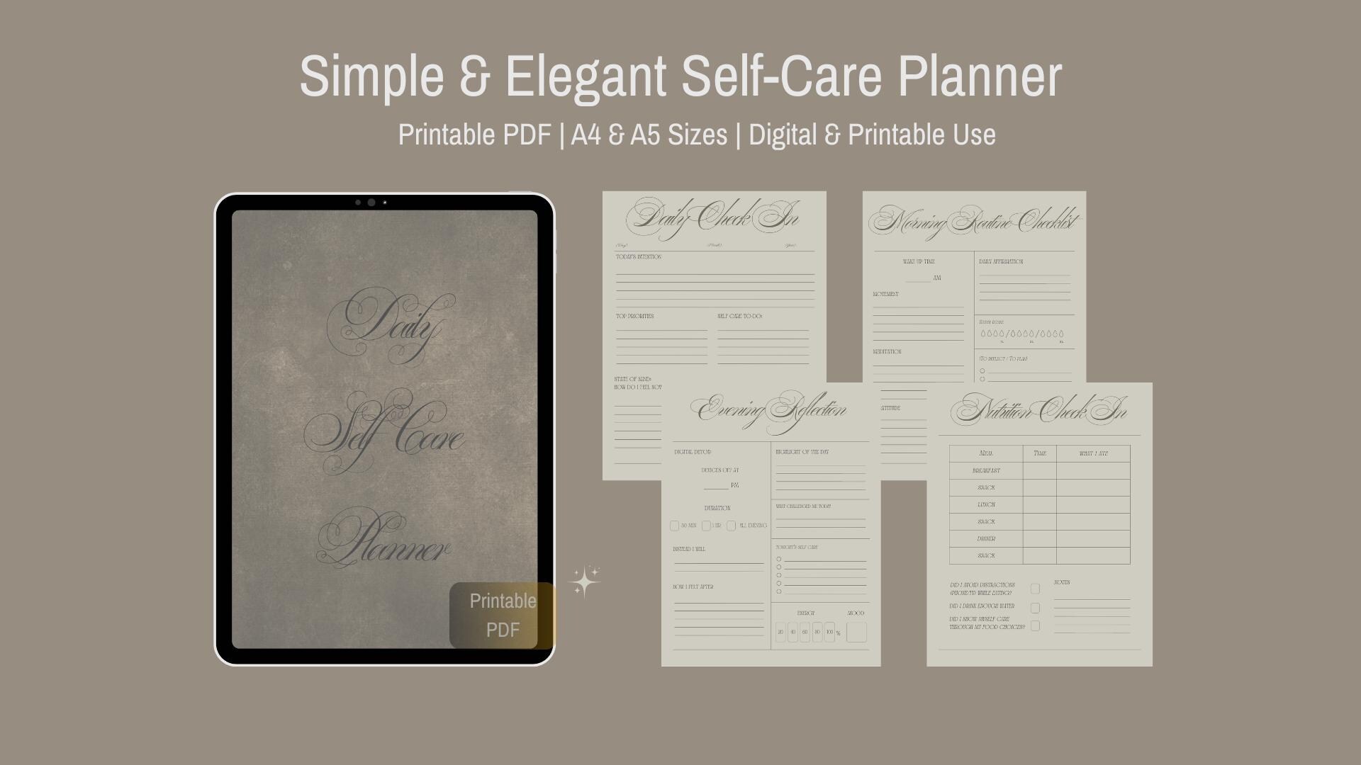 Simple Vintage SelfCare Planner | Daily Wellness Journal Printable | Morning & Evening Routine + Nutrition Tracker PDF | A4 Digital Download