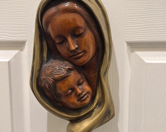 Vintage German Achatit Madonna Child Wall Plaque Gold Tone Religious Art MCM 3D