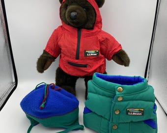 LL Bean Bear Teddy Adventure Windbreaker Puffy Vest Hat Red Blue VTG Plush L L