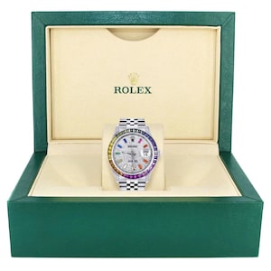 Diamond Gold Rolex Watch For Men 16200 | 36Mm | Rainbow Sapphire Bezel | Rainbow Baguettes Diamond Dial | Jubilee Band