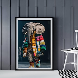 Whimsical Elephant AI Art Portrait- Colorful Digital Gift for Trendy Wall Decor - Funky Artwork Lovers - Vibrant & Funny Animal Poster