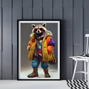 Whimsical Raccoon AI Art Portrait- Colorful Digital Gift for Trendy Wall Decor - Funky Artwork Lovers - Vibrant & Funny Animal Poster