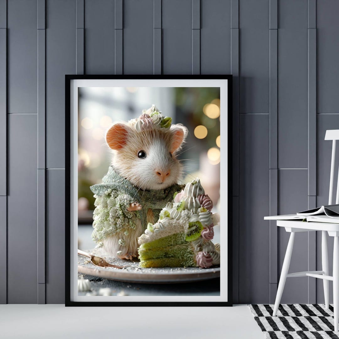 Image showcasing Kiwi Cake Guinea Pig AI Art Print, Whimsical & Cute Guinea Pig With ...