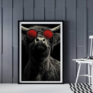 Quirky Highland Cow Wall Art Bauhaus Print, Whimsical Minimalist Animal Poster, Funny Gift for Home Decor Lovers, AI Generated Funky Artwork