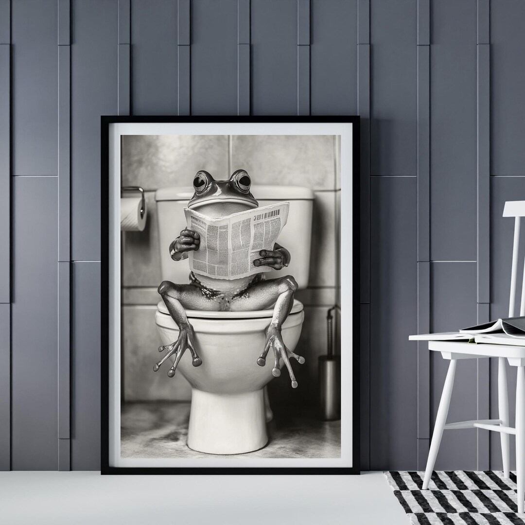 Funny Frog on Toilet Reading Newspaper, AI Bathroom Wall Art Print ...