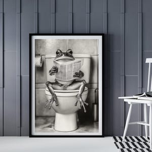 Funny Frog on Toilet Reading Newspaper, AI Bathroom Wall Art Print, Quirky Animal Decor, Digital Download for Restroom