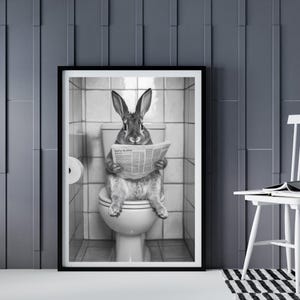 Funny Rabbit on Toilet Reading Newspaper, AI Bathroom Wall Art Print, Quirky Animal Decor, Digital Download for Restroom