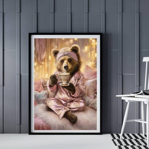AI Bear’s Royal Tea Moment Wall Art - Whimsical Tea Party Digital Download, Trendy Home Decor Gift Idea
