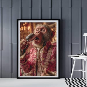 Disco Diva Monkey Karaoke Wall Art, Retro 70s Vibe Poster for Music Lovers & Home Parties, Trendy AI-Generated Pet Decor Gift