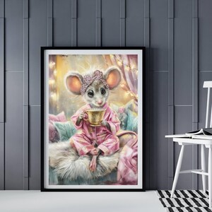 Whimsical AI Artwork: AI Mouse’s Royal Tea Moment Digital Download, Trendy Tea Party Wall Print & Home Decor Gift Idea