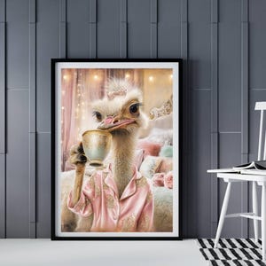 Whimsical AI Artwork: Ostrich Royal Tea Party Digital Download, Trendy Wall Print & Home Decor Gift Idea