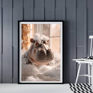 May include: A hippopotamus taking a bath in a white bathtub with bubbles. The hippopotamus has a white fluffy towel on its head. The hippopotamus is looking at the camera.