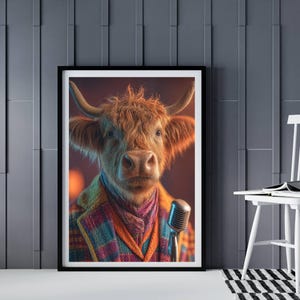 May include: A Highland cow with long, shaggy brown fur wears a colorful plaid jacket and holds a vintage microphone. The cow has a serious expression and looks directly at the camera.