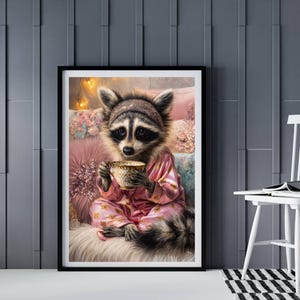 Whimsical AI Raccoon Art Print – Royal Tea Party Digital Download,
