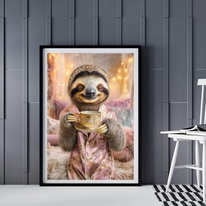 AI Sloth Wall Art - Whimsical Royal Tea Moment Digital Download, Trendy Tea Party Print, Gift for Home Decor