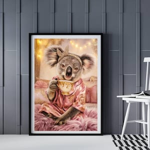 Whimsical Koala Tea Party Wall Art, AI Digital Download, Trendy Home Decor Gift, Royal Tea Moment Printable Illustration