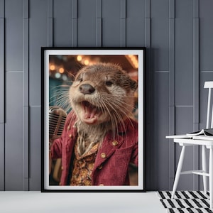Póster de karaoke de Nutria Disco Diva, arte mural retro de los 70, decoración moderna para mascotas y regalo para fiestas musicales, impresión de decoración del hogar generada por IA