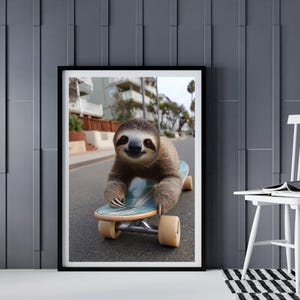 Funny Skateboarding Sloth Poster, Printable Gift for Animal Lovers, Skaters & Kids, Quirky Digital Download Wall Art Decor
