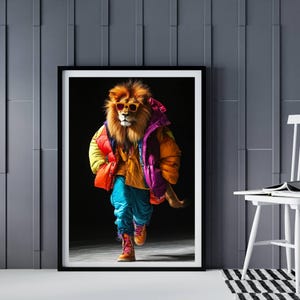 Whimsical Lion AI Art Portrait- Colorful Digital Gift for Trendy Wall Decor - Funky Artwork Lovers - Vibrant & Funny Animal Poster