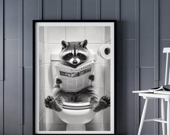 Funny Raccoon on Toilet Reading Newspaper, AI Bathroom Wall Art Print, Quirky Animal Decor, Digital Download for Restroom