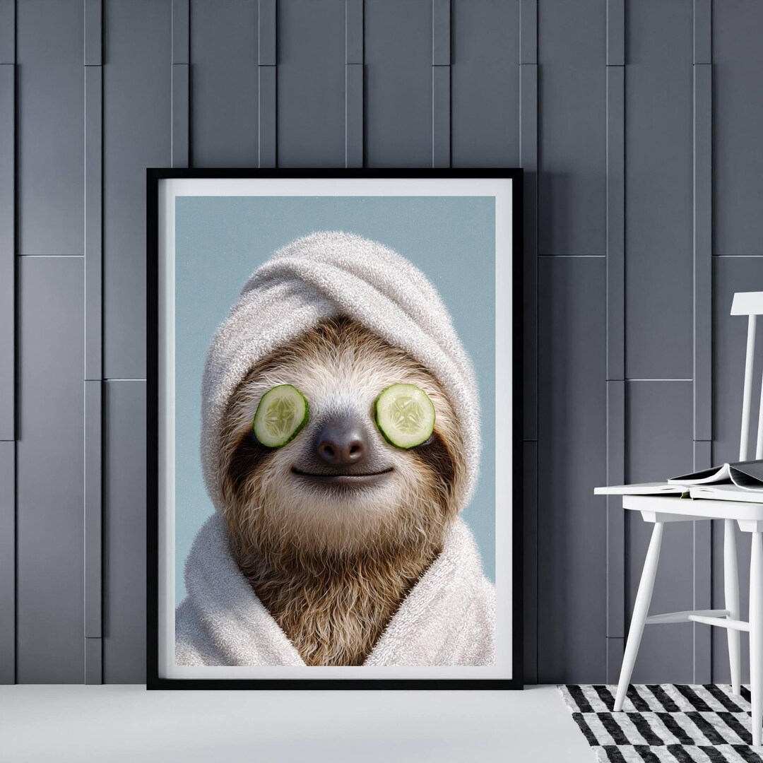 Whimsical Sloth Spa Day Poster, Quirky AI Animal Art in Bathrobe, Funny ...