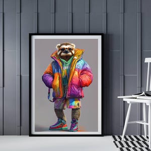 Whimsical Sloth AI Art Portrait- Colorful Digital Gift for Trendy Wall Decor - Funky Artwork Lovers - Vibrant & Funny Animal Poster