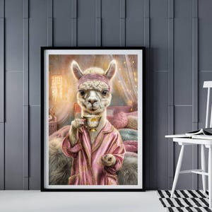 AI Alpaca Royal Tea Moment Art Print – Whimsical Wall Decor, Digital Download, Trendy Tea Party Gift Idea for Home