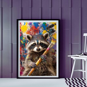 Messy Raccoon Oil Painting Artist– Whimsical Animal Art Print – Funny Nursery Decor – AI Wall Art Digital Download
