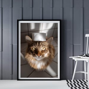 Op de afbeelding: Een bruine tabbykat met een witte papieren hoed, die recht in de camera kijkt. De kat zit op een witte betegelde vloer met een zonnestraal die erop schijnt.