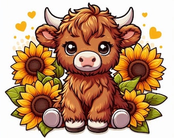Highland Cow Sunflowers Clipart Transparent Background Commercial Use