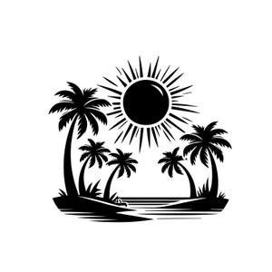 Può includere: Illustrazione in bianco e nero di una scena di spiaggia tropicale. L'immagine presenta palme, un sole con raggi radianti e una piccola isola con acqua in primo piano. Il design è una silhouette.