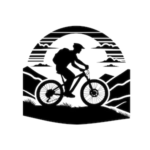 May include: Black and white silhouette of a mountain biker riding on a bicycle. The image features a cyclist with a backpack, riding through a mountain landscape under a stylized sun and clouds.