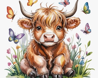 Highland Cow Butterfly Clipart, Cute Cartoon Highland Cows Butterflies png Digital Download Highland Cow Butterfly Printable Clip Art Print