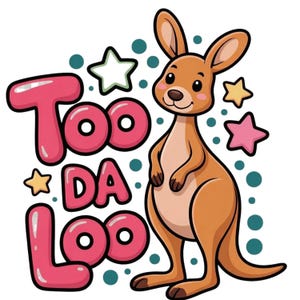 Può includere: Illustrazione di un cartone animato di un canguro con la scritta "Too Da Loo" in lettere rosa a bolle. Il canguro è marrone con la pancia bianca, circondato da stelle e cerchi turchesi su sfondo bianco.