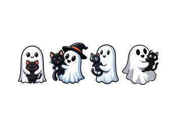Vintage Halloween Ghost with Black Cats Graphic, Ghost Cat Png, Halloween Ghost Png, Spooky Season Cat, Halloween Cats Shirt Png, Autumn Png