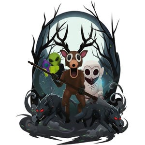 May include: Illustration of a deer, alien, and owl standing together, with two wolves in front. The deer holds a long brown stick, and the alien holds a purple and green weapon. The background features a dark forest and a full moon.